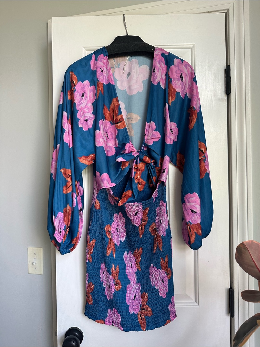 Free People Teal Mini Dress with Pink and Rust Floral Print